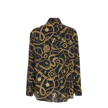 Black Shirt Pointed Collar Chain Print Logo Silk
