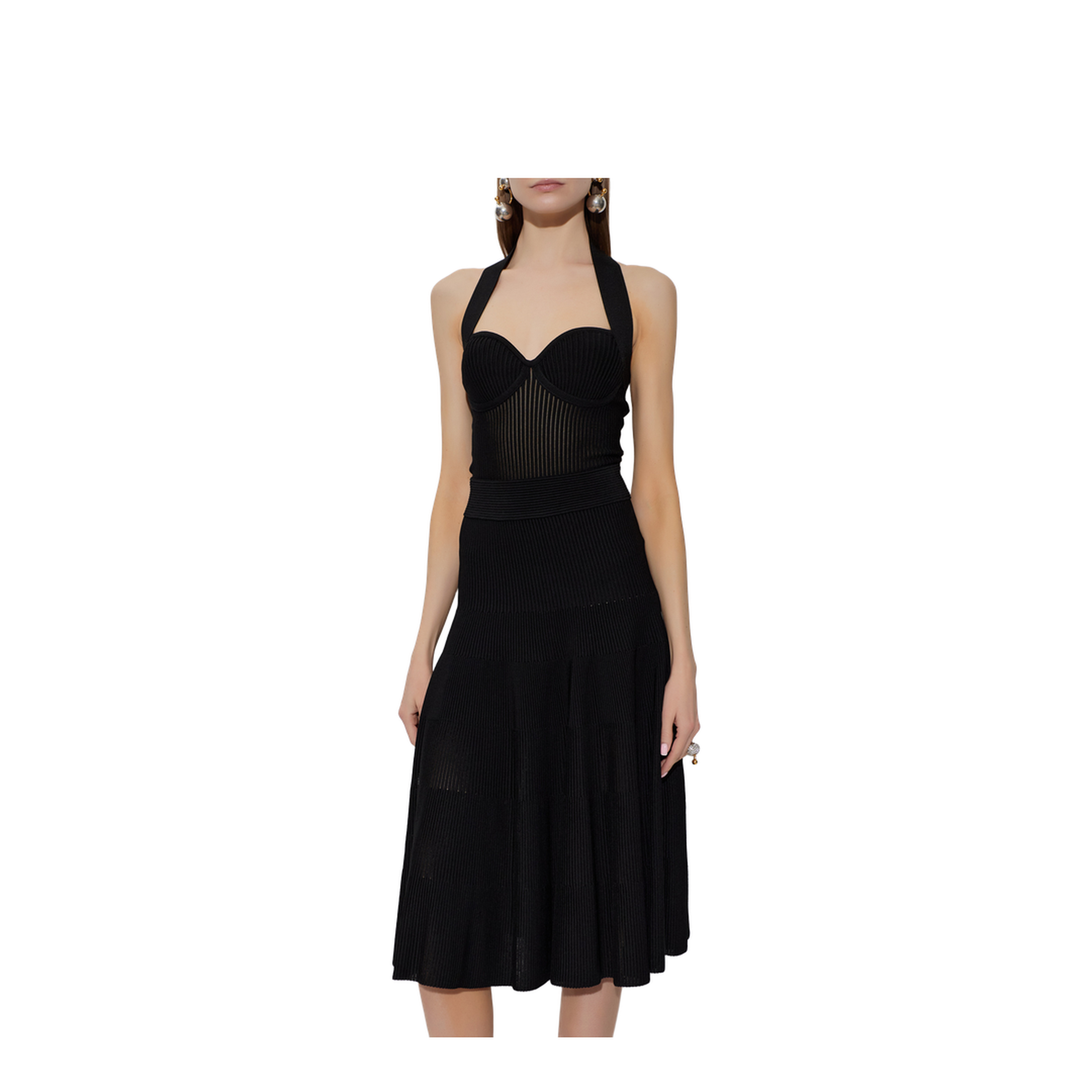 Halterneck Pleated Knit Midi Dress Black