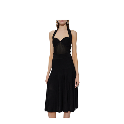 Halterneck Pleated Knit Midi Dress Black