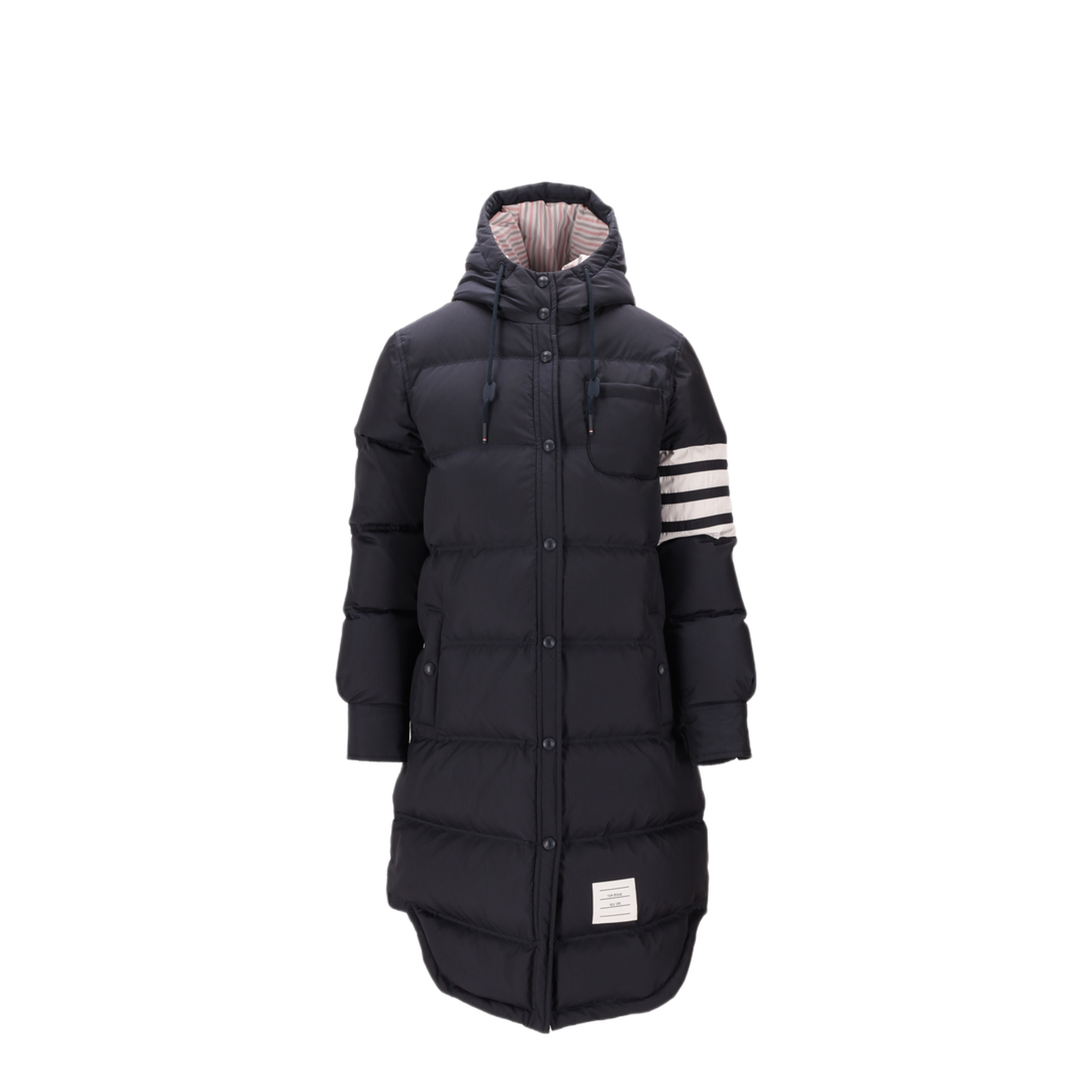 MAYFEYR - Thom Browne - Downfilled Below Knee Hooded Shirtdress With 4 Bar In Shiny Ripstop - FOD105XF1095415
