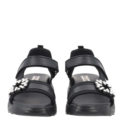 On The Run Black Leather And Textile Sandals