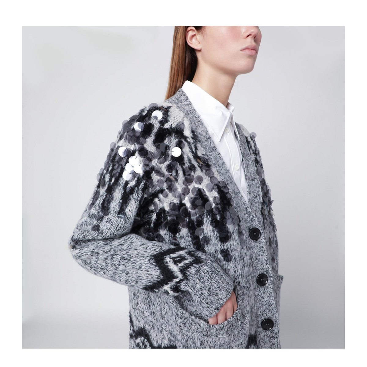 MAYFEYR - Roberto Collina - Grey Wool Blend Cardigan With Sequins - 253F44010RWOF4418
