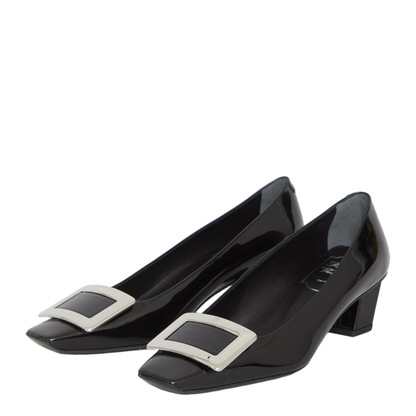 black calfskin pumps with buckle and wide heel