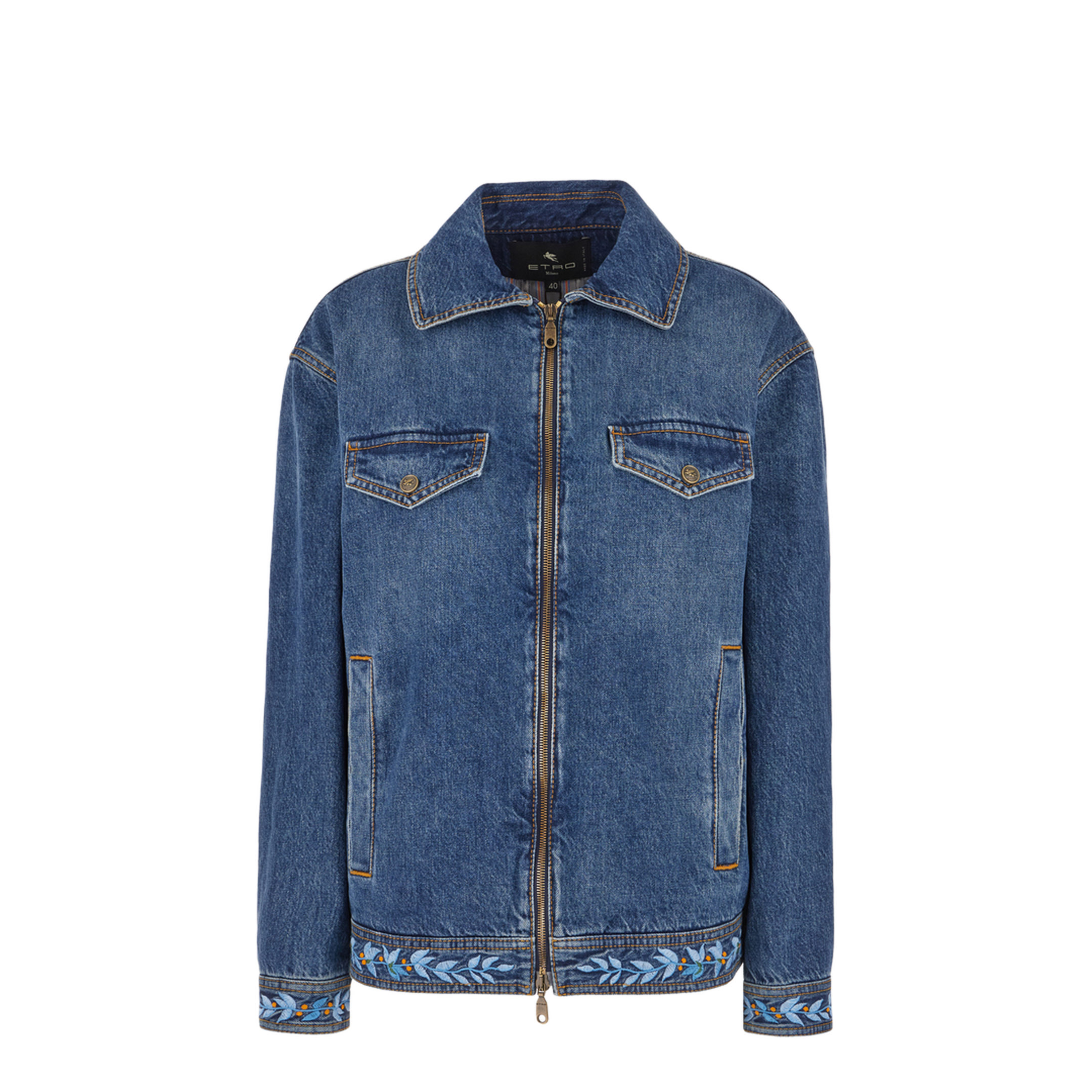 Embroidered Zipped Denim Jacket - Blue