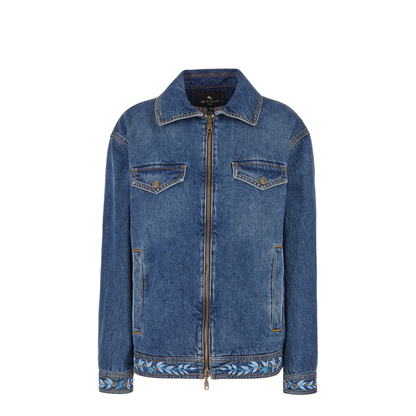 Embroidered Zipped Denim Jacket - Blue