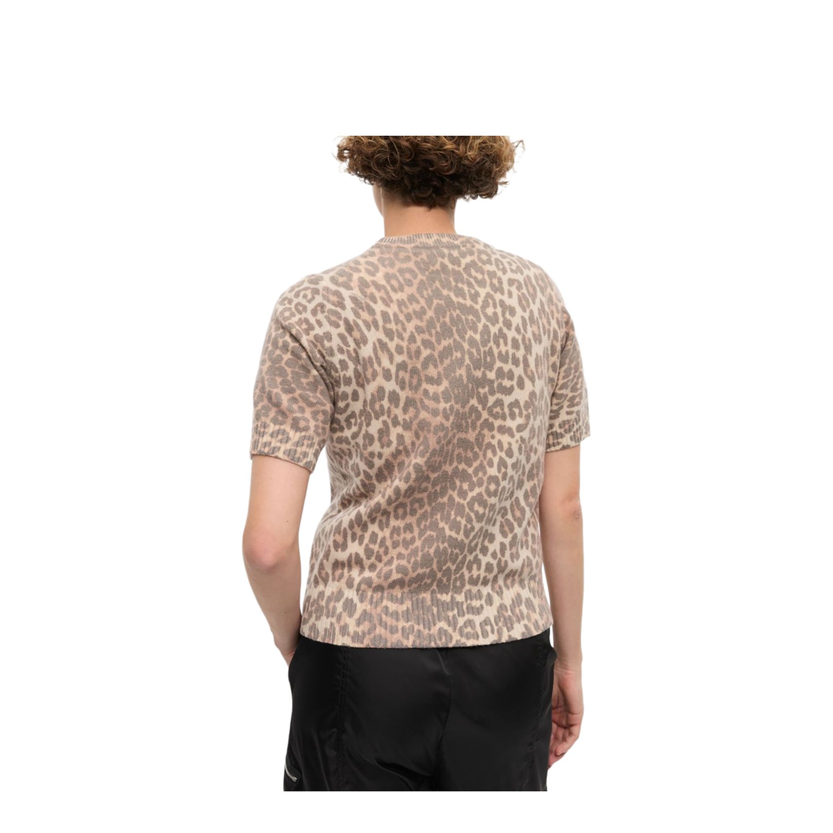 Beige Crew Neck Short Sleeves Leopard Print Ribbed Trim