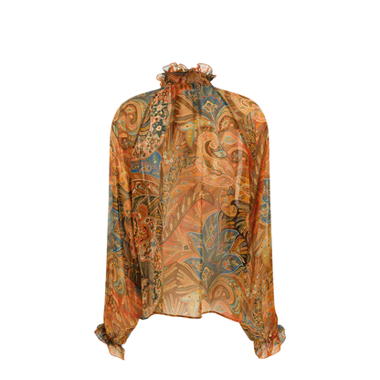 Silk Shirt with Ruffles and Paisley Motif