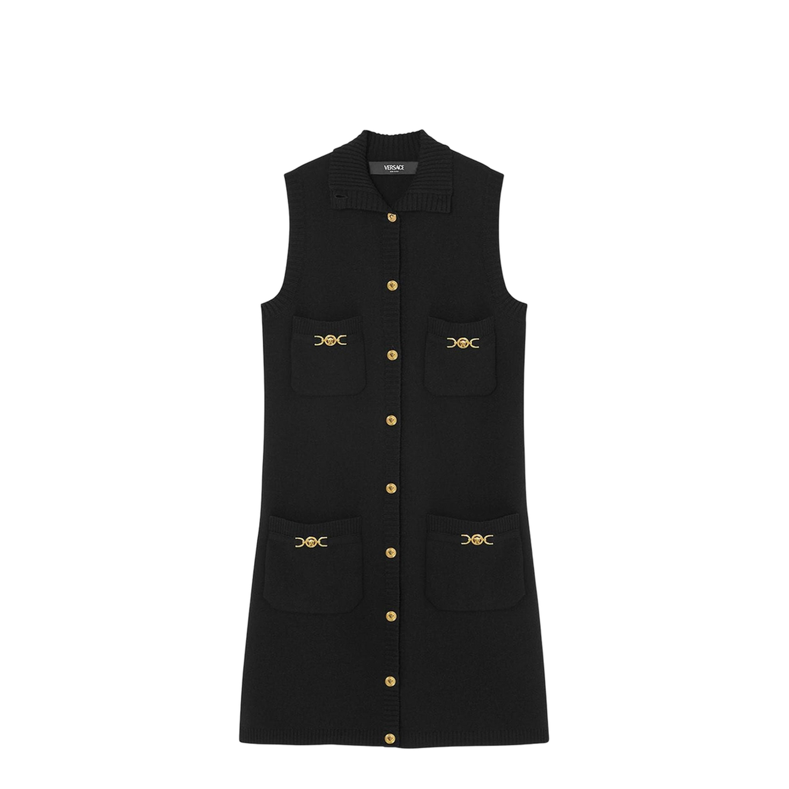Black Mini Sleeveless Dress with Medusa Detail
