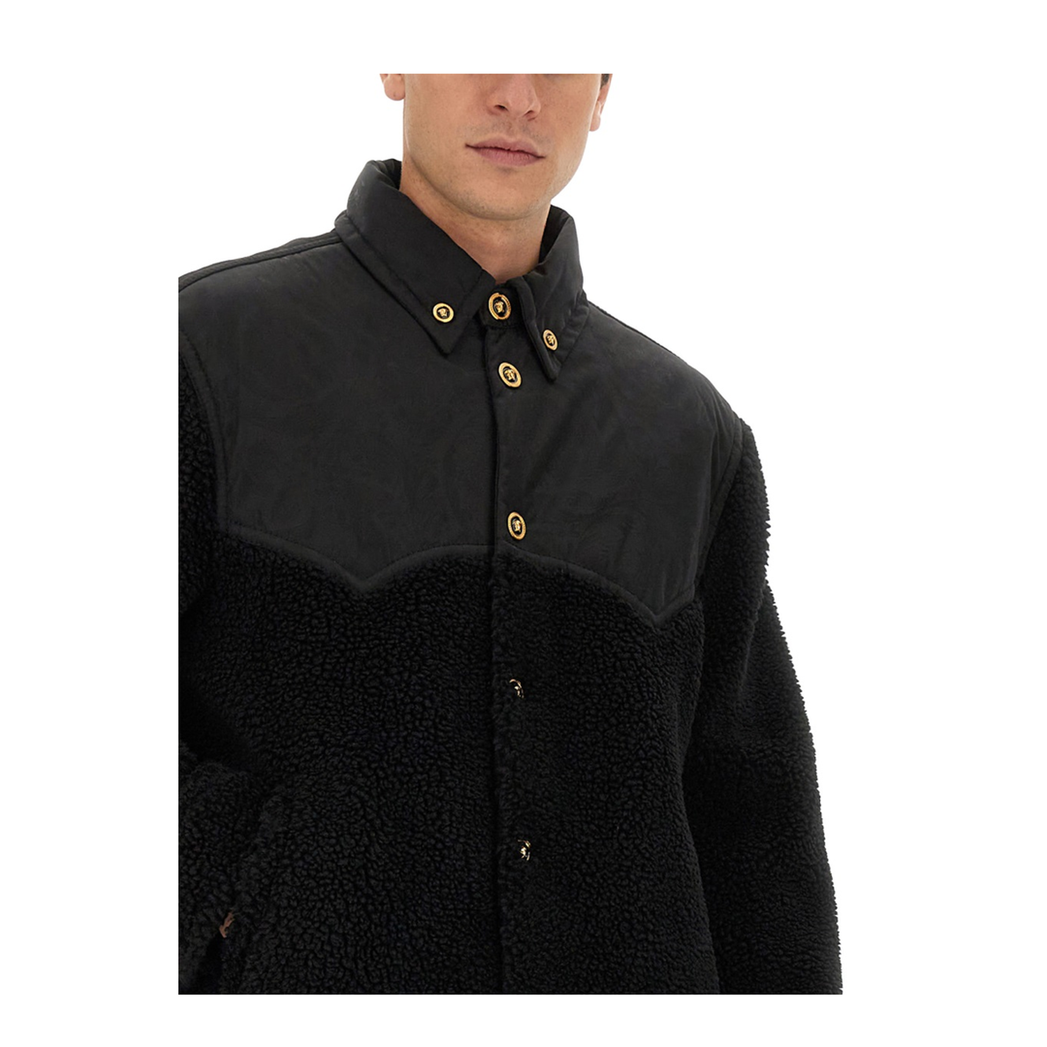 Faux Shearling And Technical Jacquard Jacket In Black