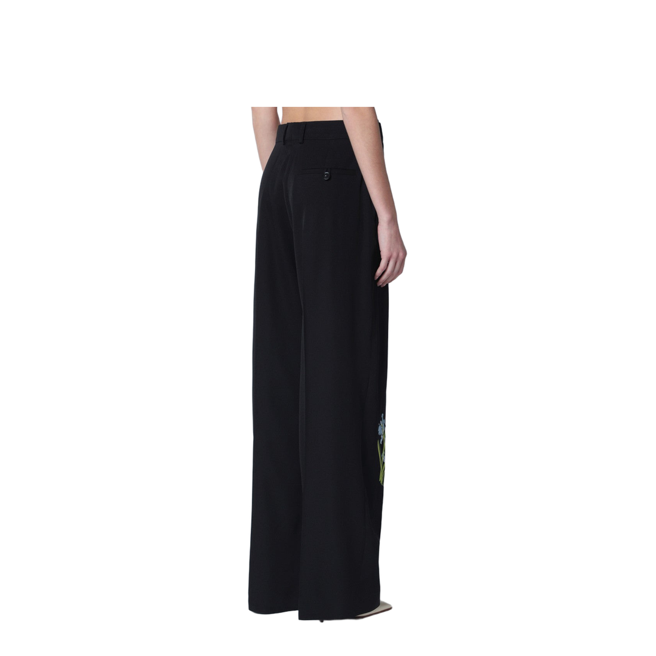 Black Wool Trousers with Floral Embroidery