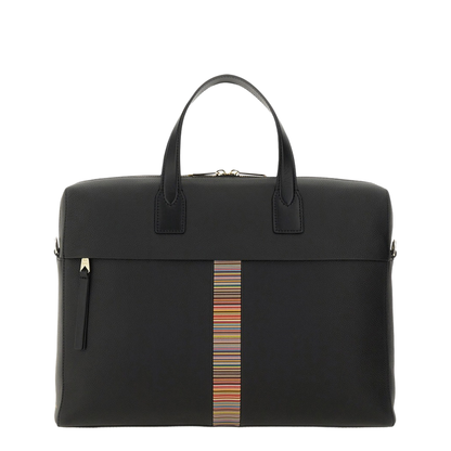 Black Leather Folio Bag with Signature Stripe Edges