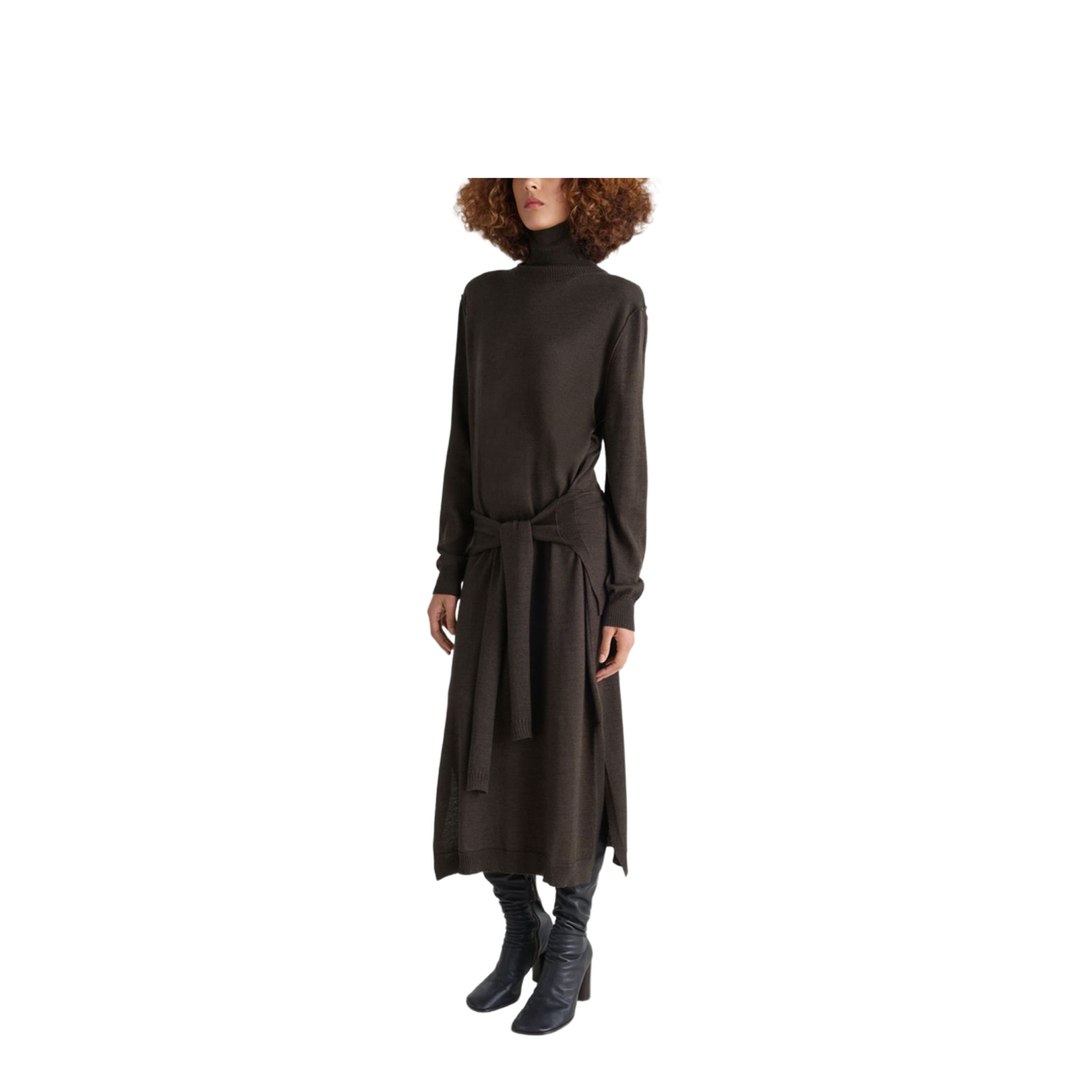 Dark Cacao Brown Turtleneck with Tie-Waist Belt