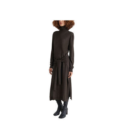Dark Cacao Brown Turtleneck with Tie-Waist Belt