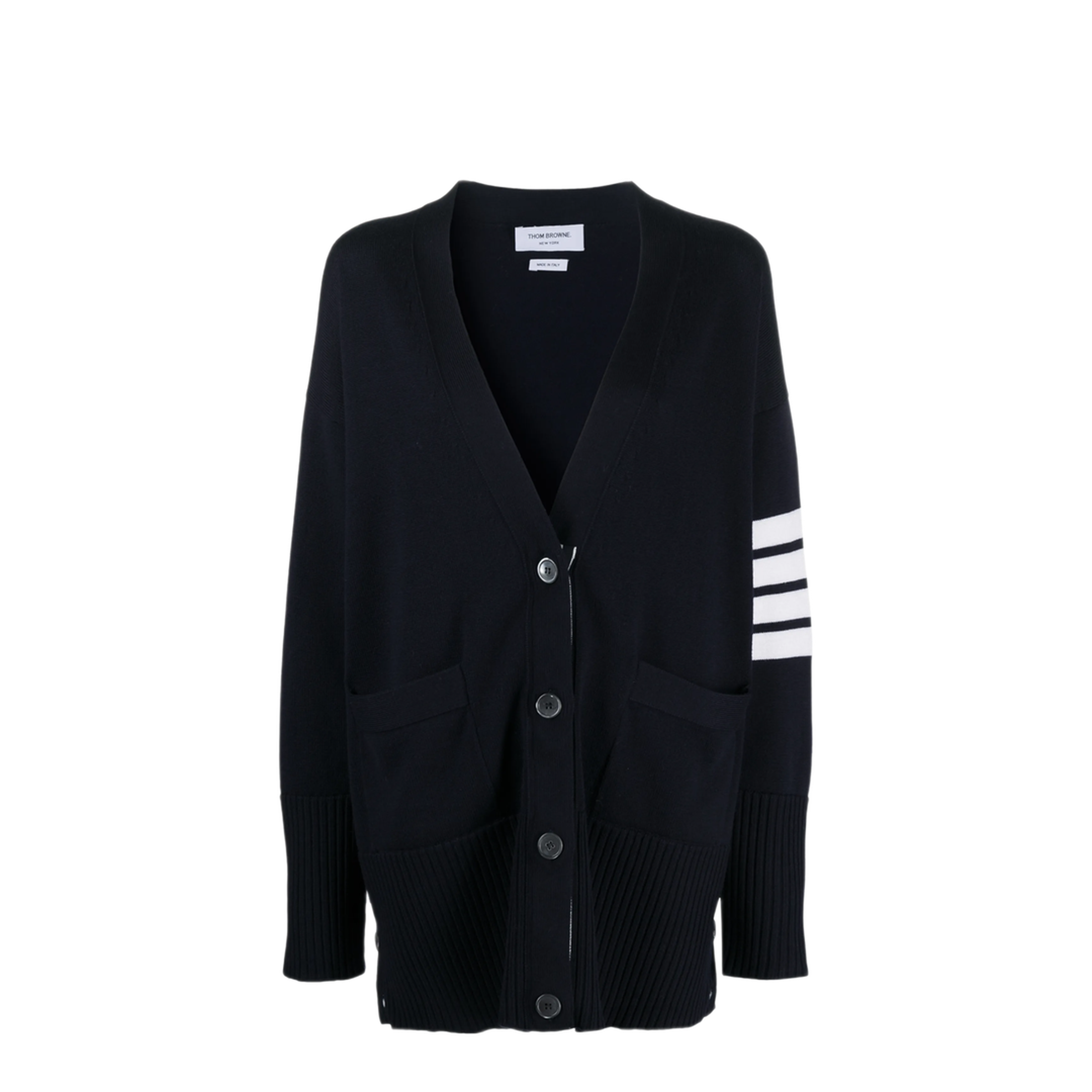 MAYFEYR - Thom Browne - Exaggerated Fit V Neck Cardigan W/ 4 Bar Stripe In Fine Merino Wool - FKC402AY1002415