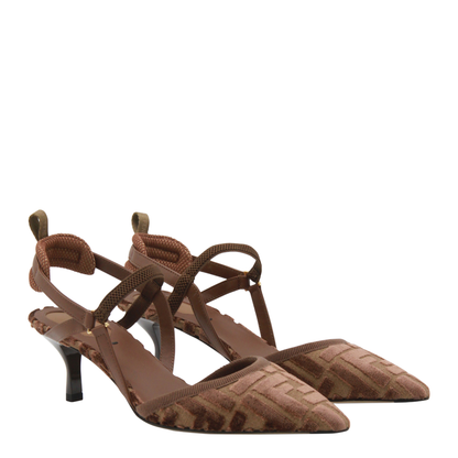 Brown FF Motif Jacquard Velvet Slingback Strap Pointed Toe