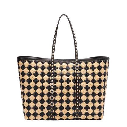 Embroidered Raffia Rockstud Shopping Bag