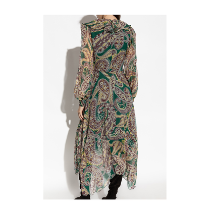 Long Silk Crepon Dress with Paisley Motif