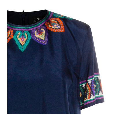 Blue Paisley-print Habotai Silk Tunic Short Dress