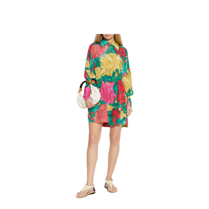 Crepe Shirt Dress with Roses Print