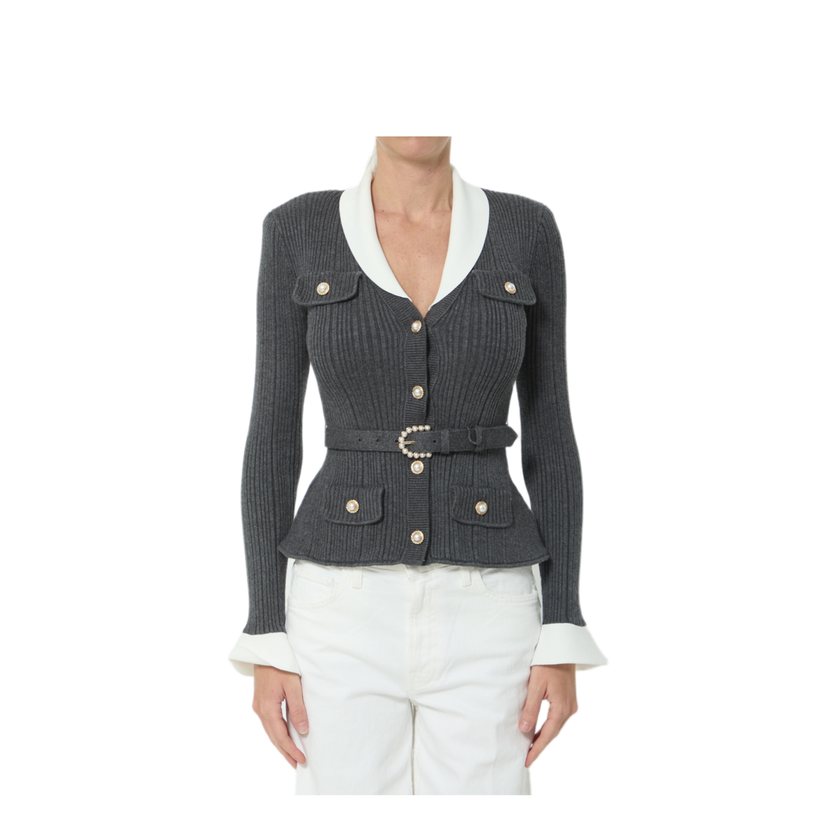 MAYFEYR - Self Portrait - Ribbed Knit Cardigan - PF26131TGR
