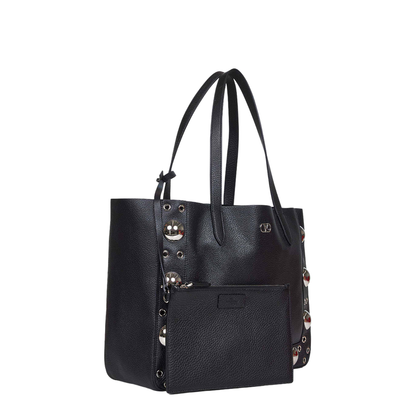 Black Leather Vlogo Signature Shopping Bag