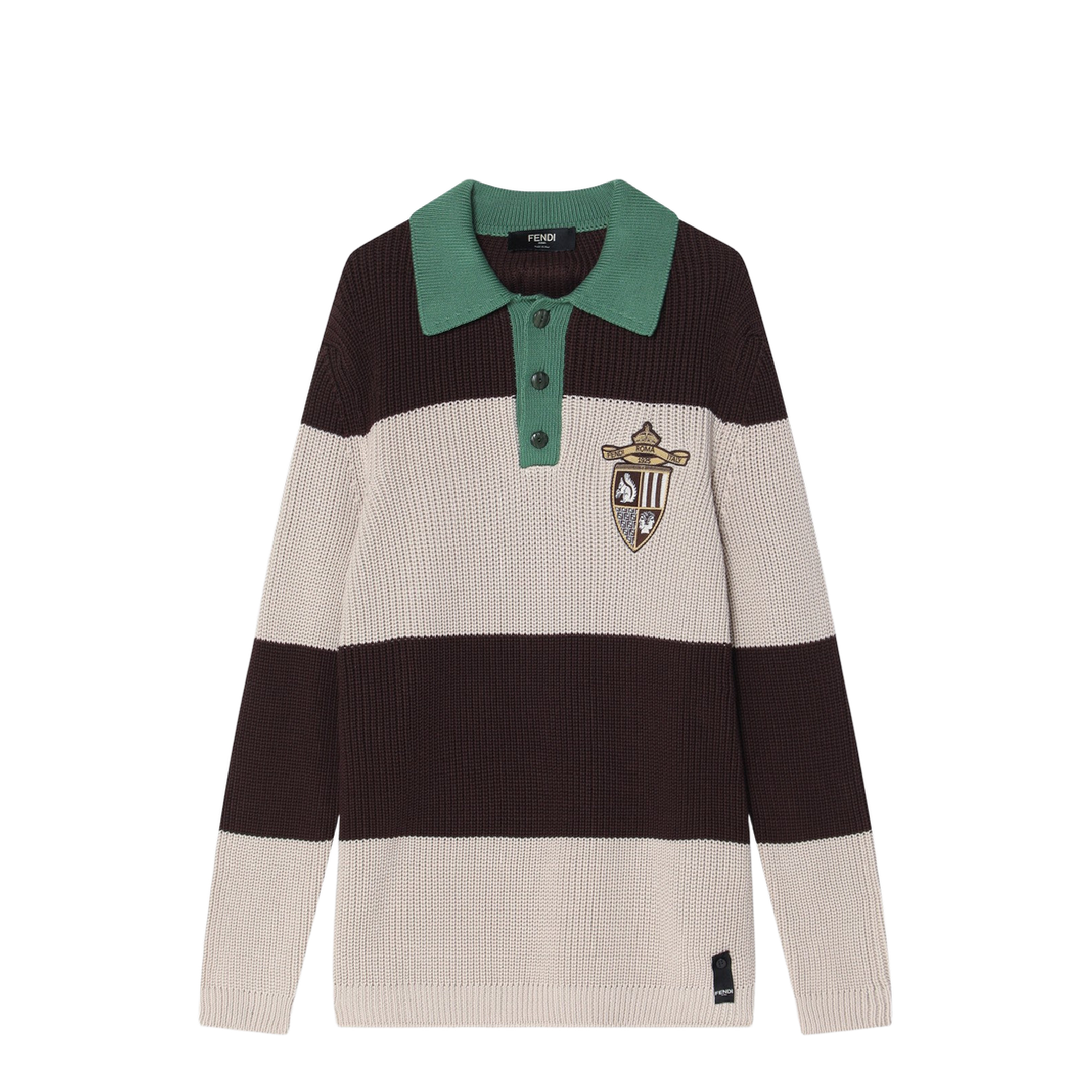 Knitted Cotton Polo Shirt with Brown and Beige Stripes