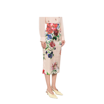 Flower Print Satin Midi Pencil Skirt