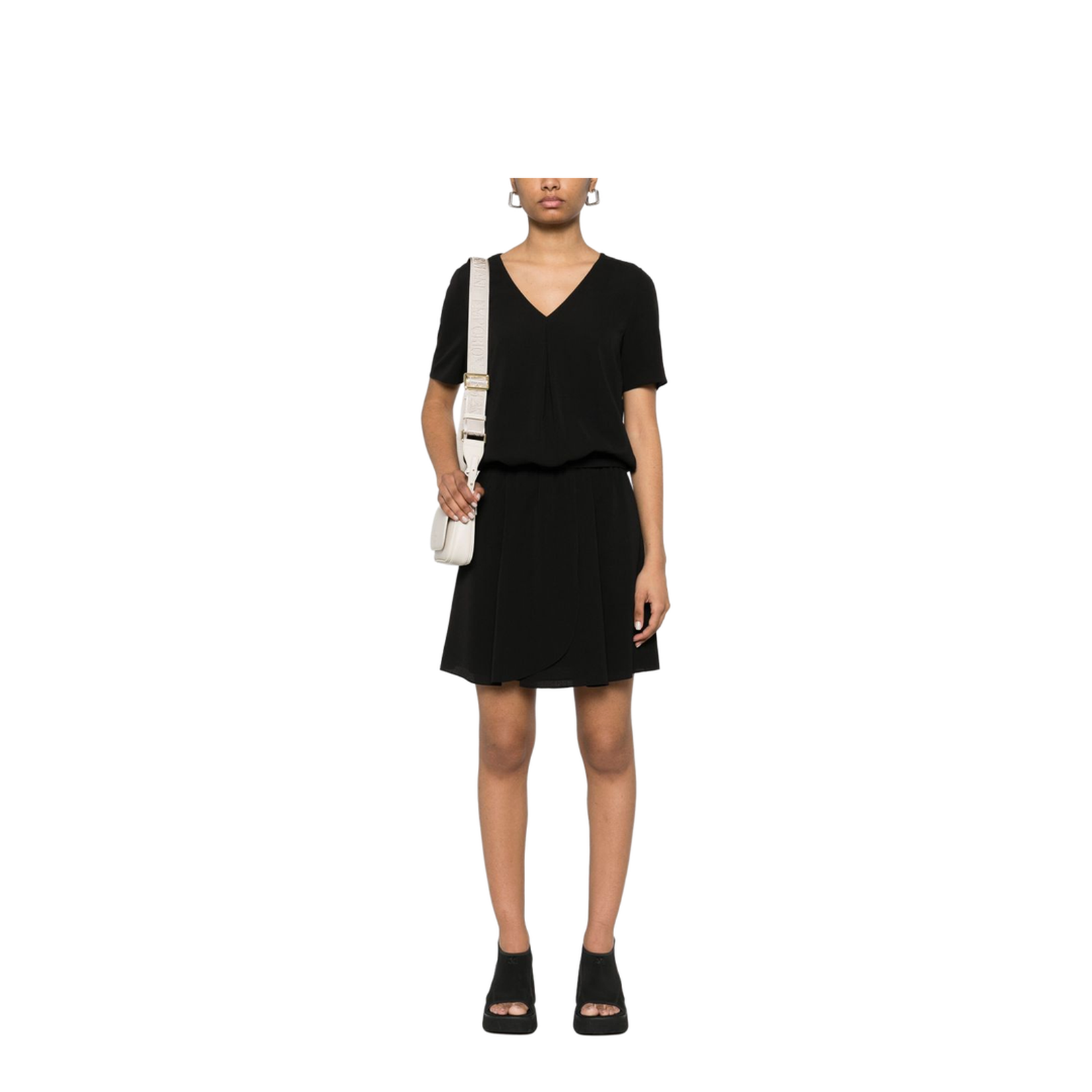 Fluid Crêpe Short Dress with Gathering and a Belt at the Waist