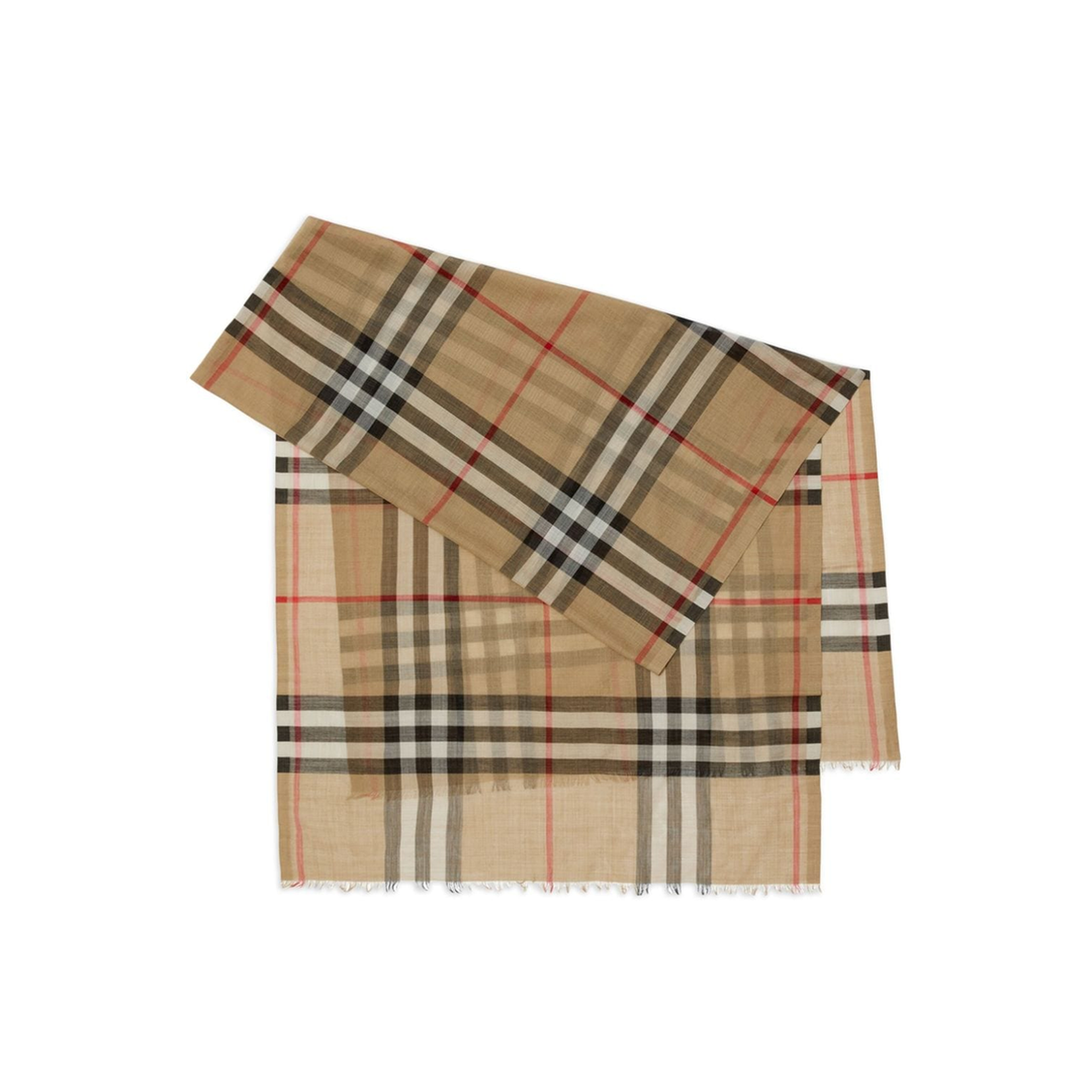 Beige Wool-Silk Blend Plaid Check Scarf
