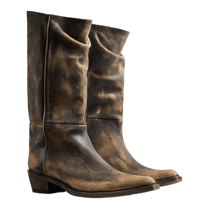 Brown Leather Pointed Toe Slouchy Shaft Low Heel Boot