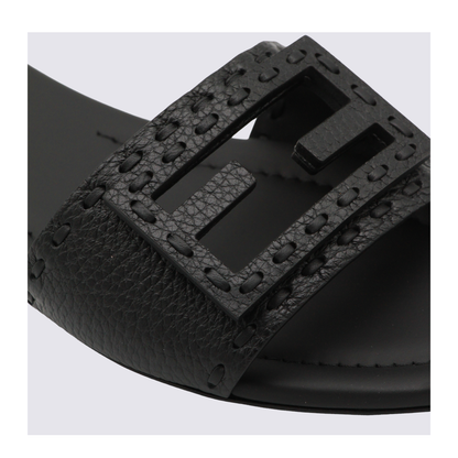 Black Leather Baguette Slides