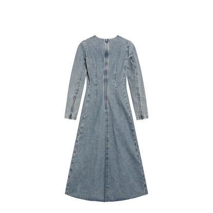 Cup-shoulder denim midi dress in ice blue
