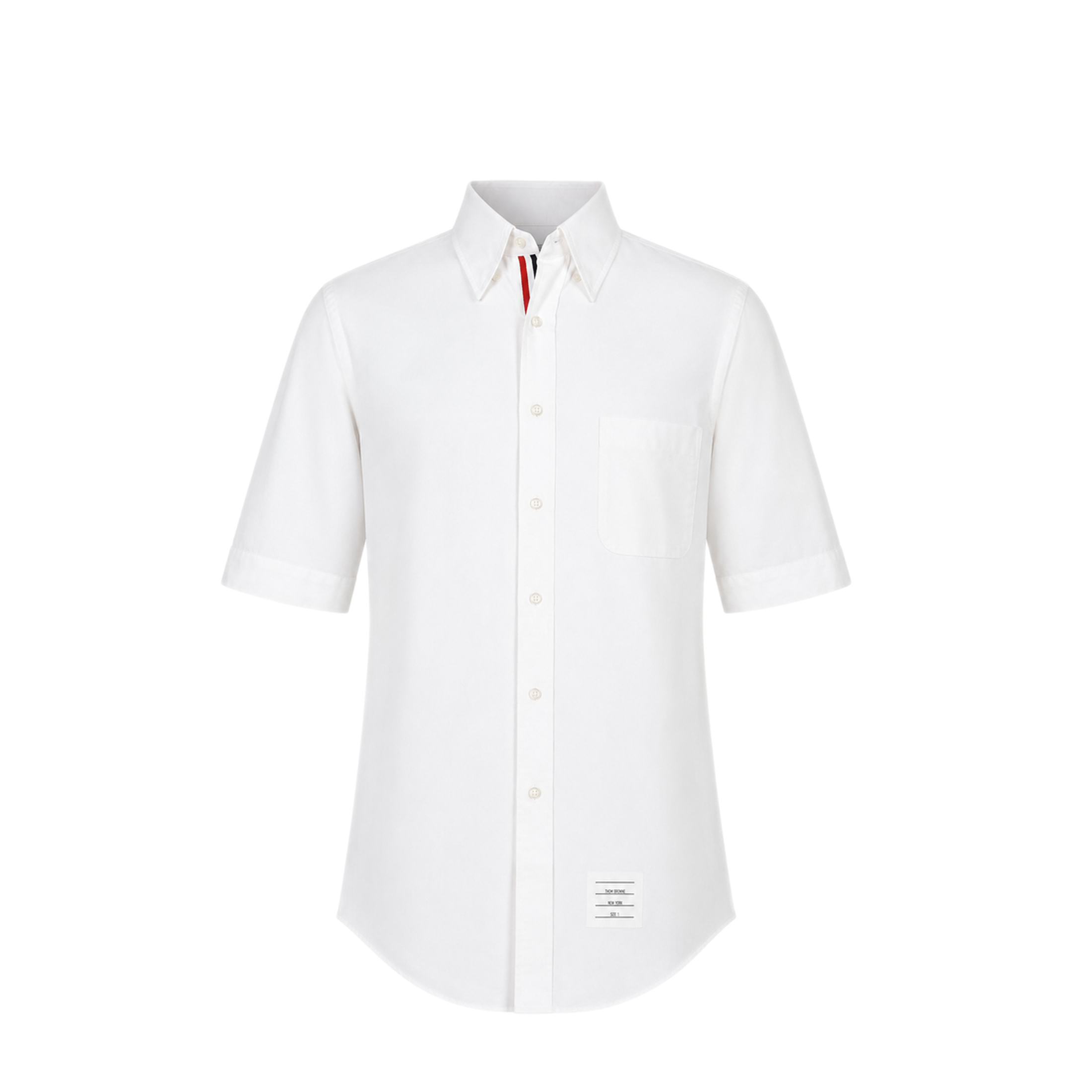 MAYFEYR - Thom Browne - Classic Fit Short Sleeve Shirt With Rwb Grosgrain Placket In Solid Poplin - MWS002E03113100