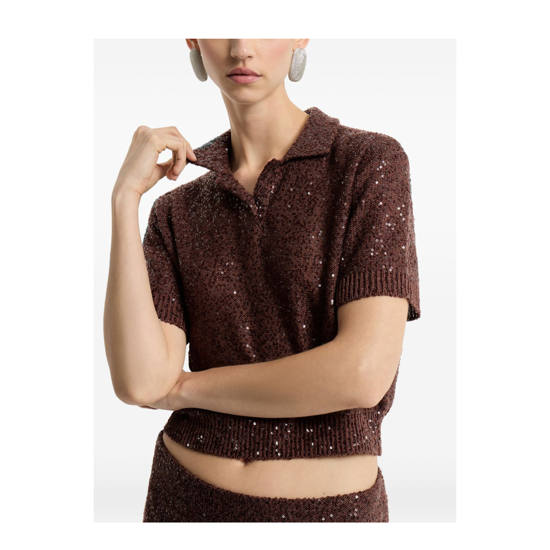 Cropped Knitted Polo Shirt Brown