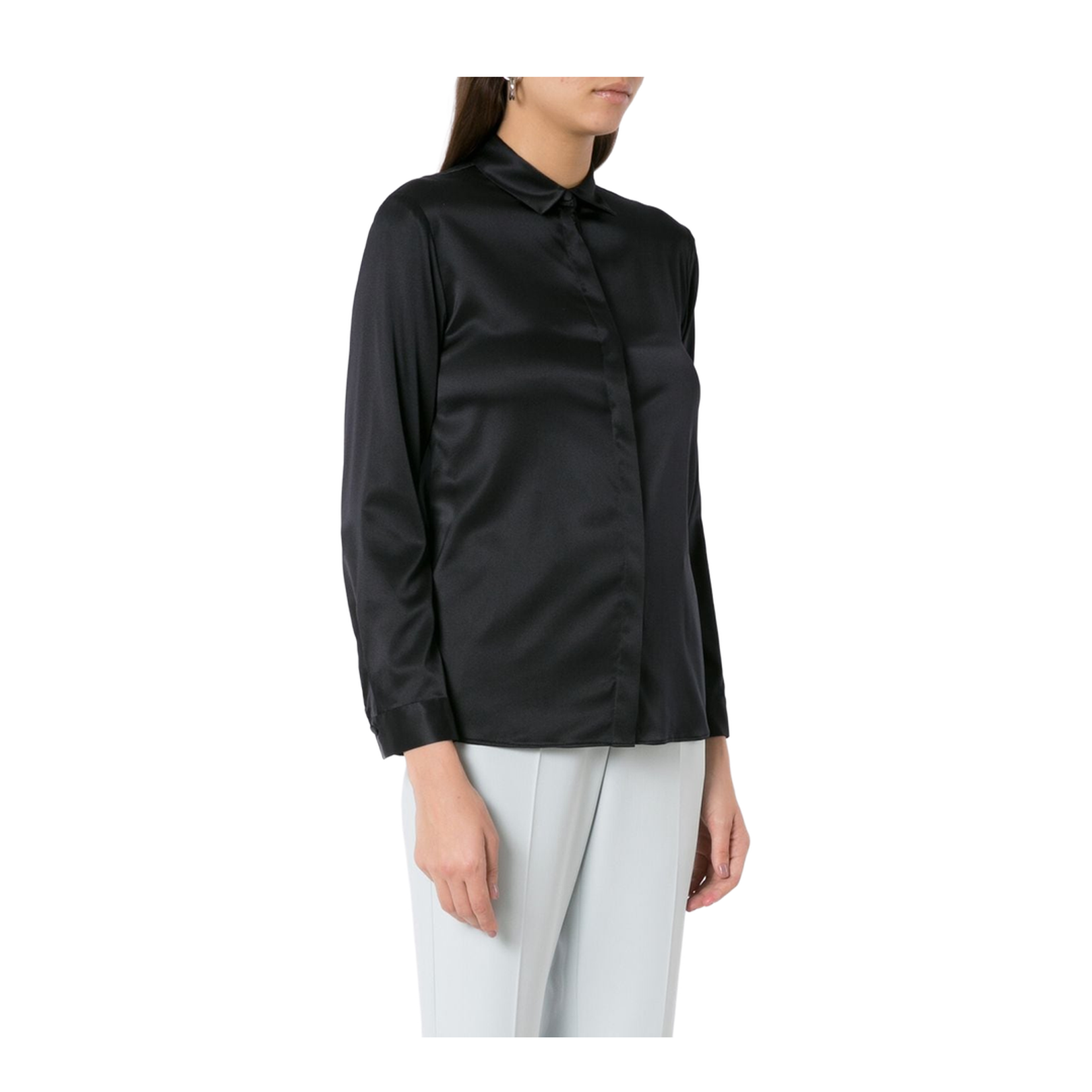 Dark Blue Stretch-Silk Long-Sleeve Silk Shirt