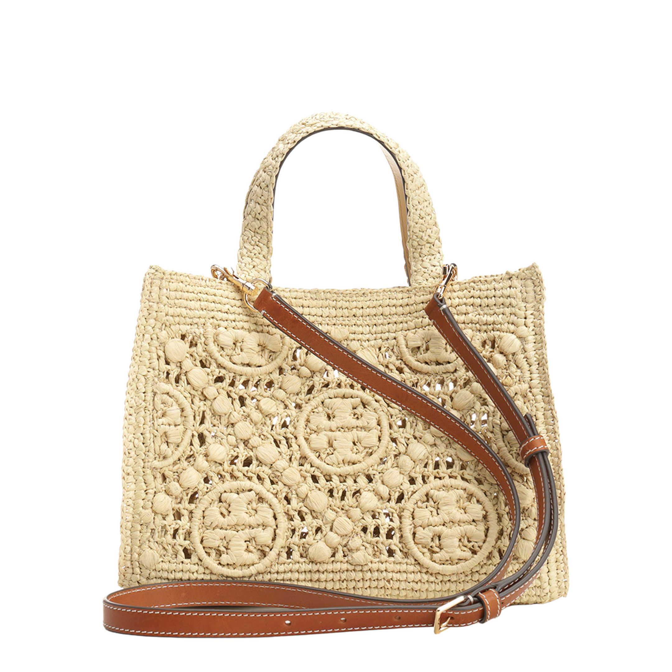 T Monogram Woven Raffia Tote