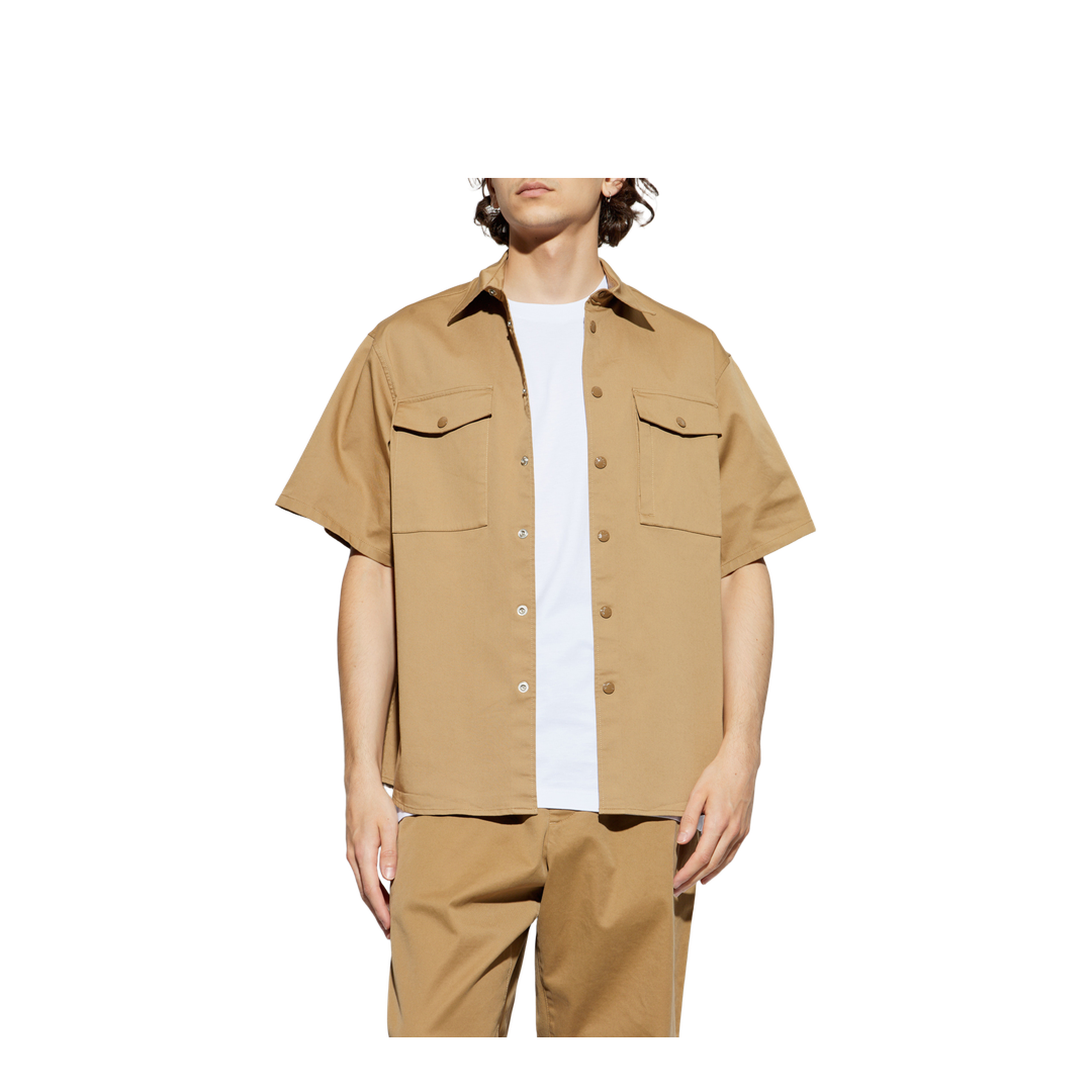Beige Cotton Gabardine Short Sleeve Shirt