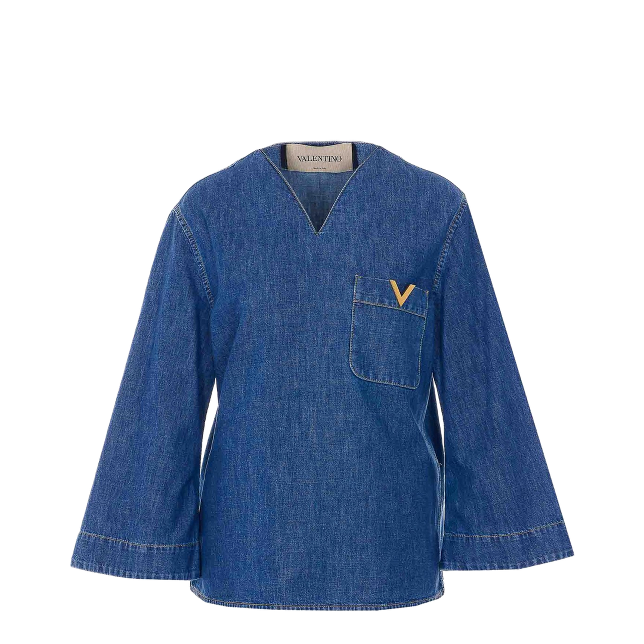 V-Neck Pocket Denim Shirt Blue