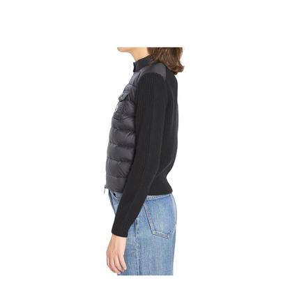 Black Padded Wool Zip-Up Cardigan