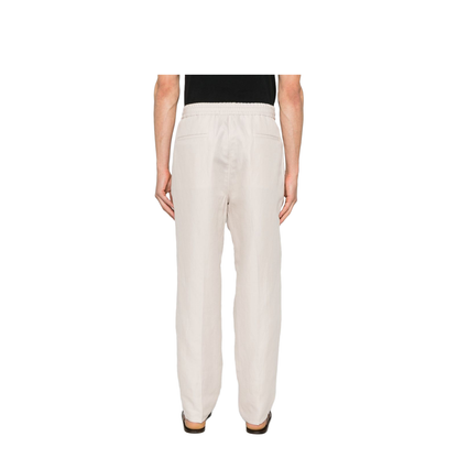 Leisure Fit Trousers in Linen and Cotton Gabardine with Drawstring and Double Darts