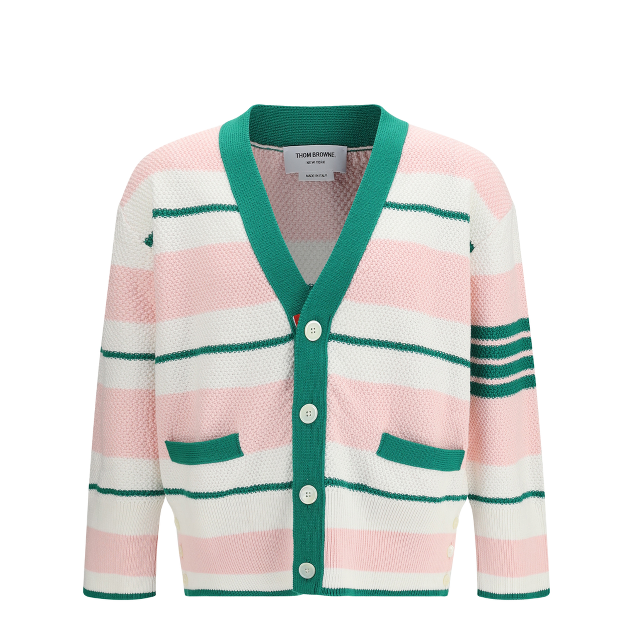 MAYFEYR - Thom Browne - Classic Stripe Seed Stitch V Neck Cardigan - MKC641AY3016