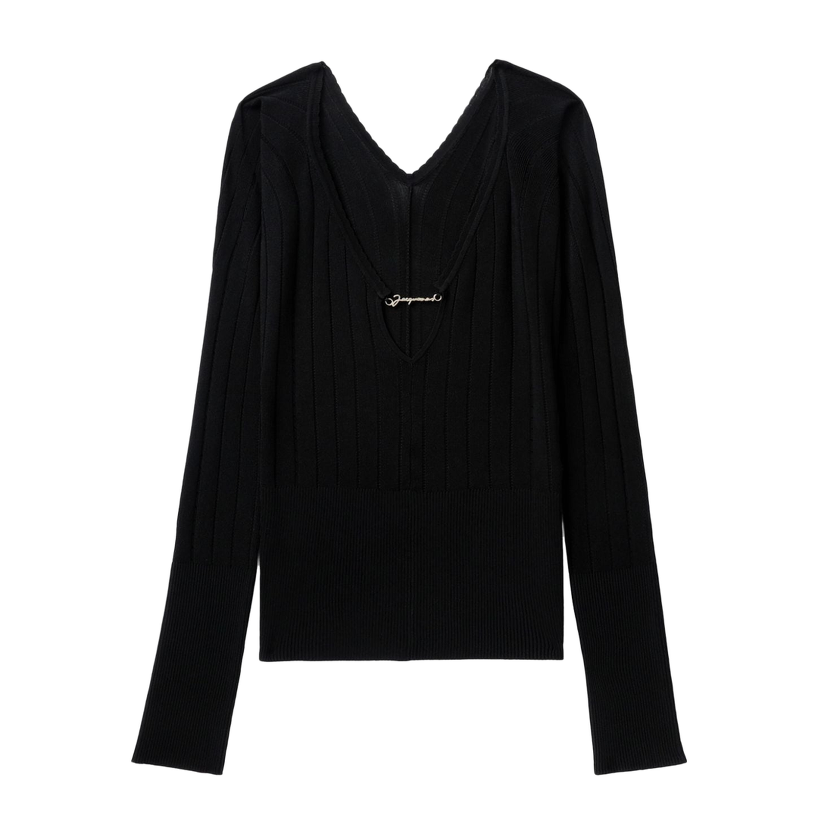 Black Ribbed Knit V-Neck Sweater