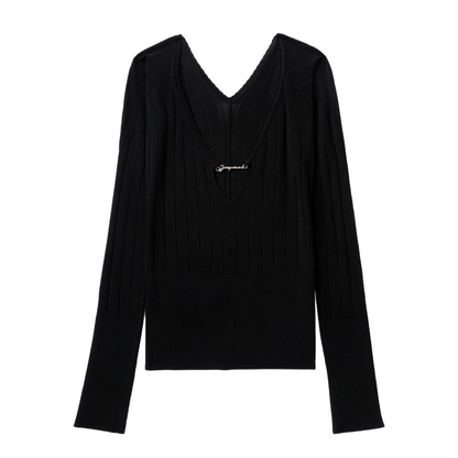 Black Ribbed Knit V-Neck Sweater