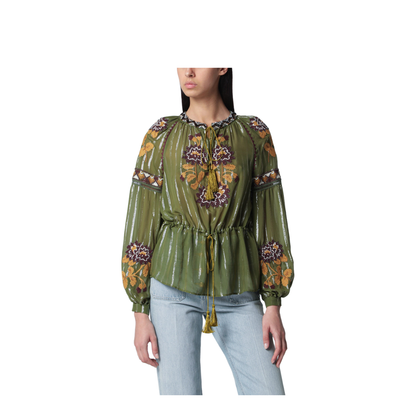 Embroidered Lurex Silk Shirt Green Camou