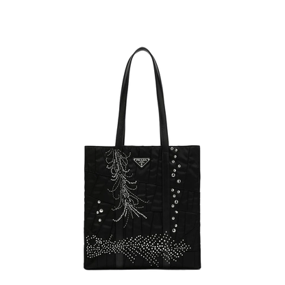 Medium Black Re-Nylon Shopping Bag with Embroidery