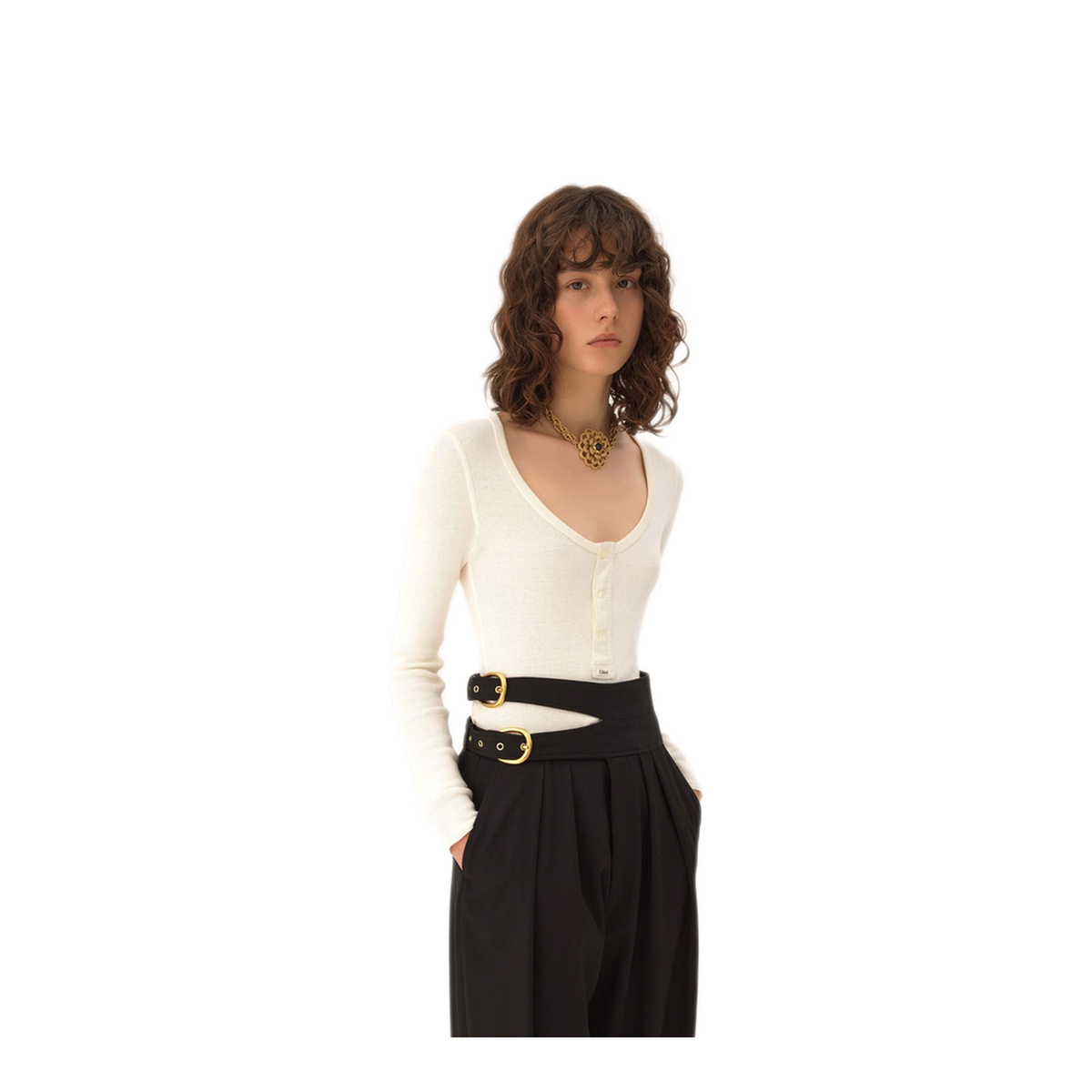 Scoop-neck Henley Shirt in Cotton Jersey White