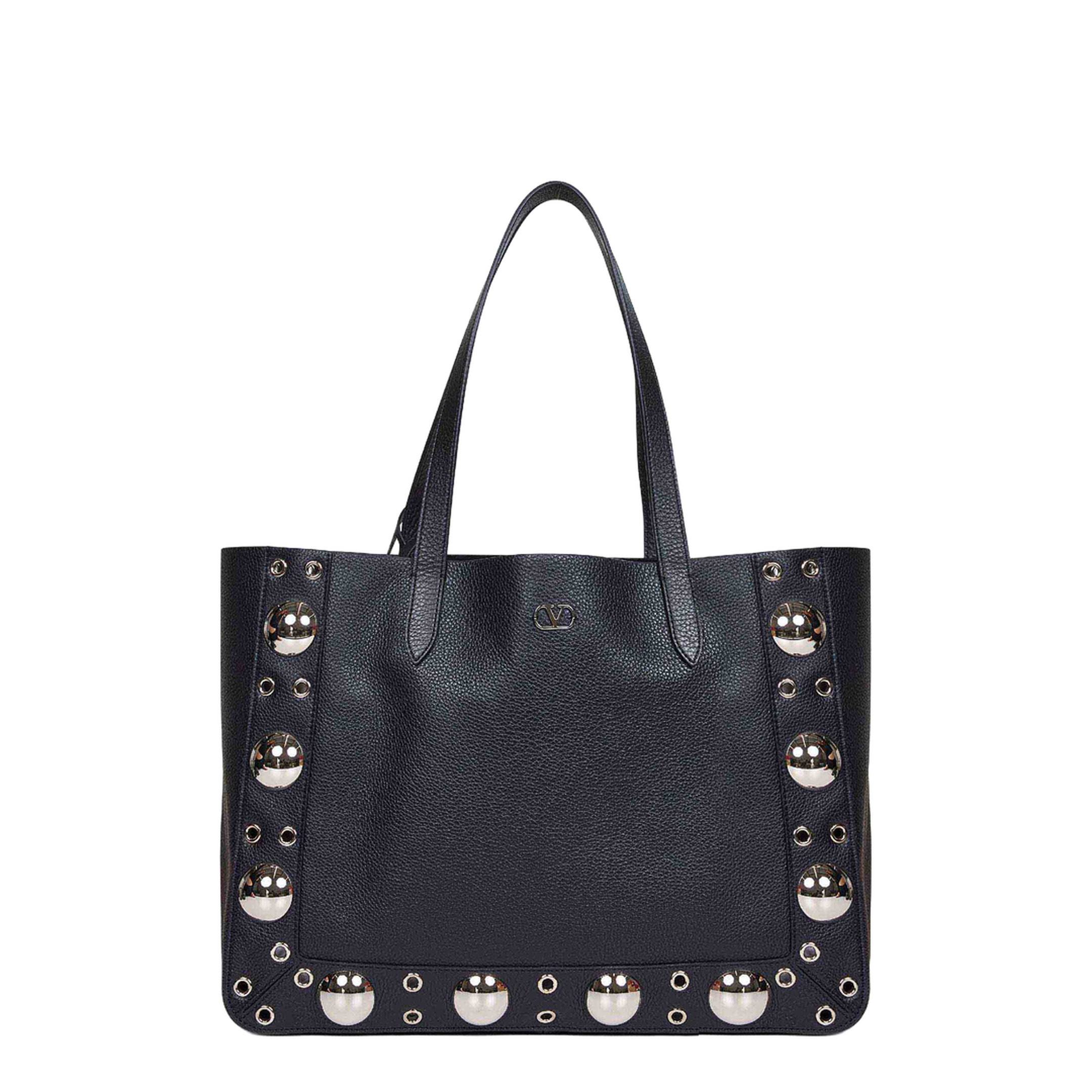 Black Leather Vlogo Signature Shopping Bag