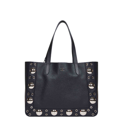 Black Leather Vlogo Signature Shopping Bag