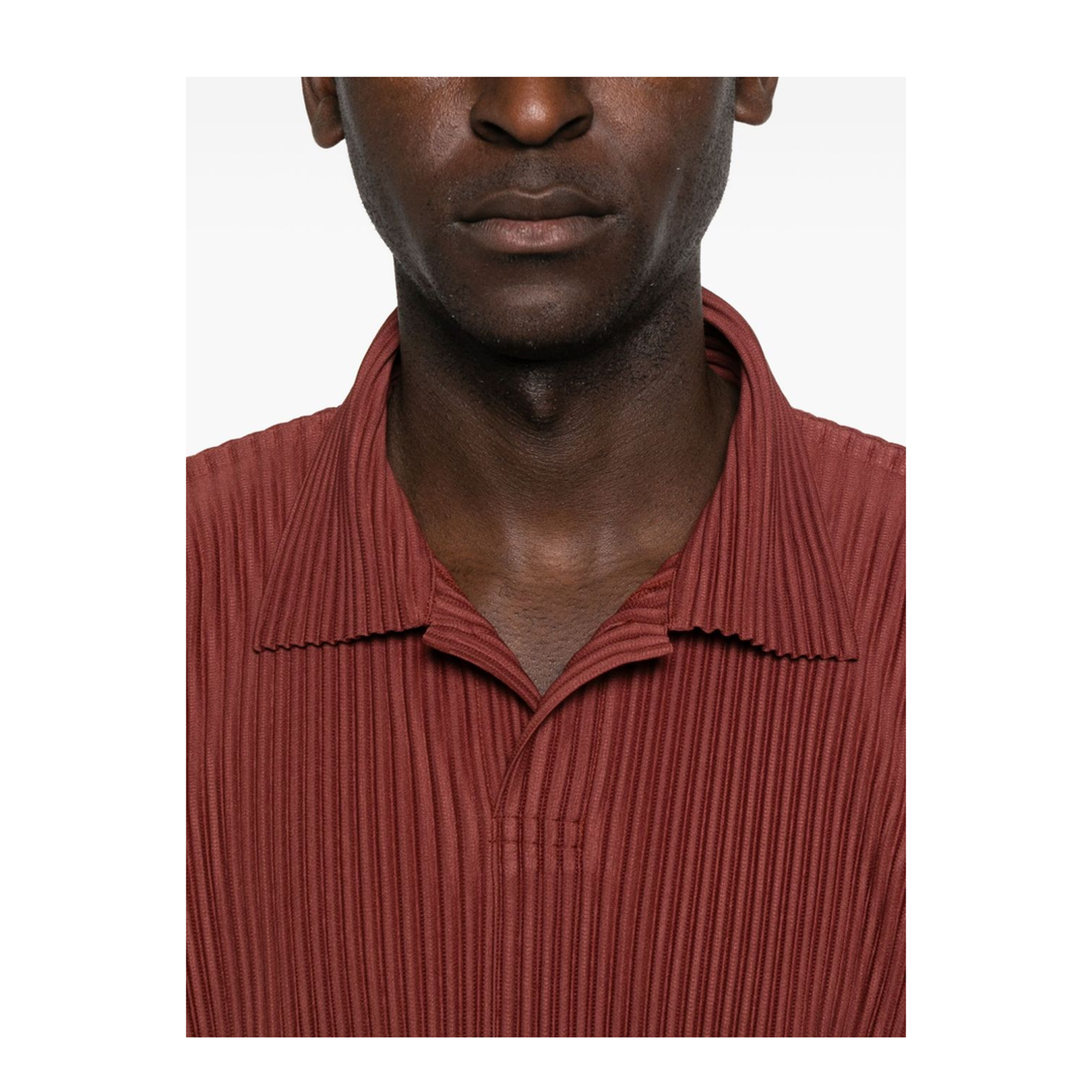 Brown Pleated Texture Collared Neck Long Sleeve Button Fastening