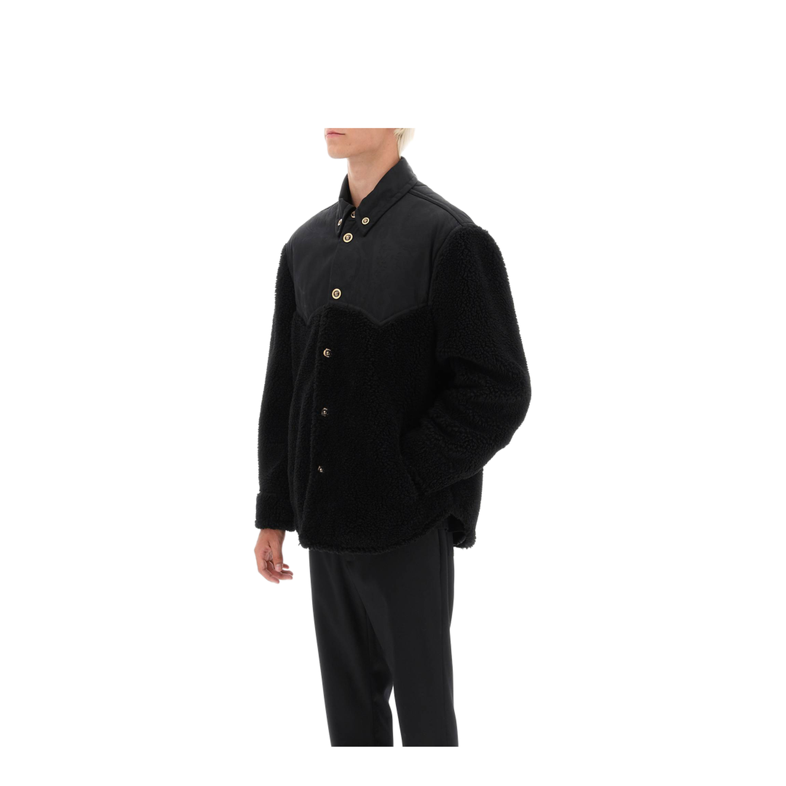 Faux Shearling And Technical Jacquard Jacket In Black